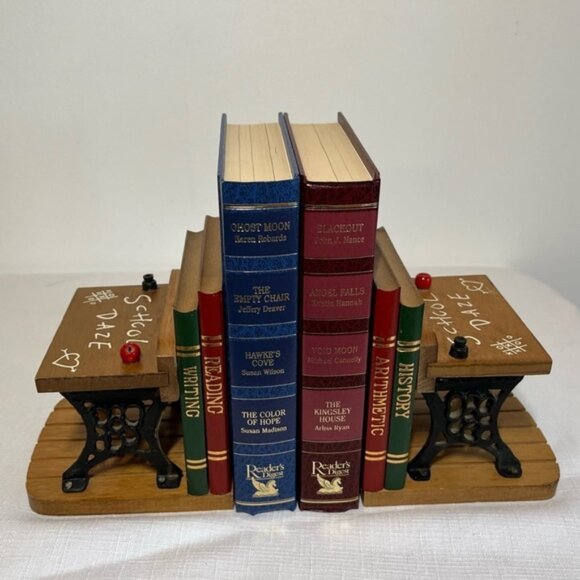 Vintage School Daze Enesco Cast Iron Wood BOOK ENDS Vintage 1970s Pair Teacher - Picture 1 of 10